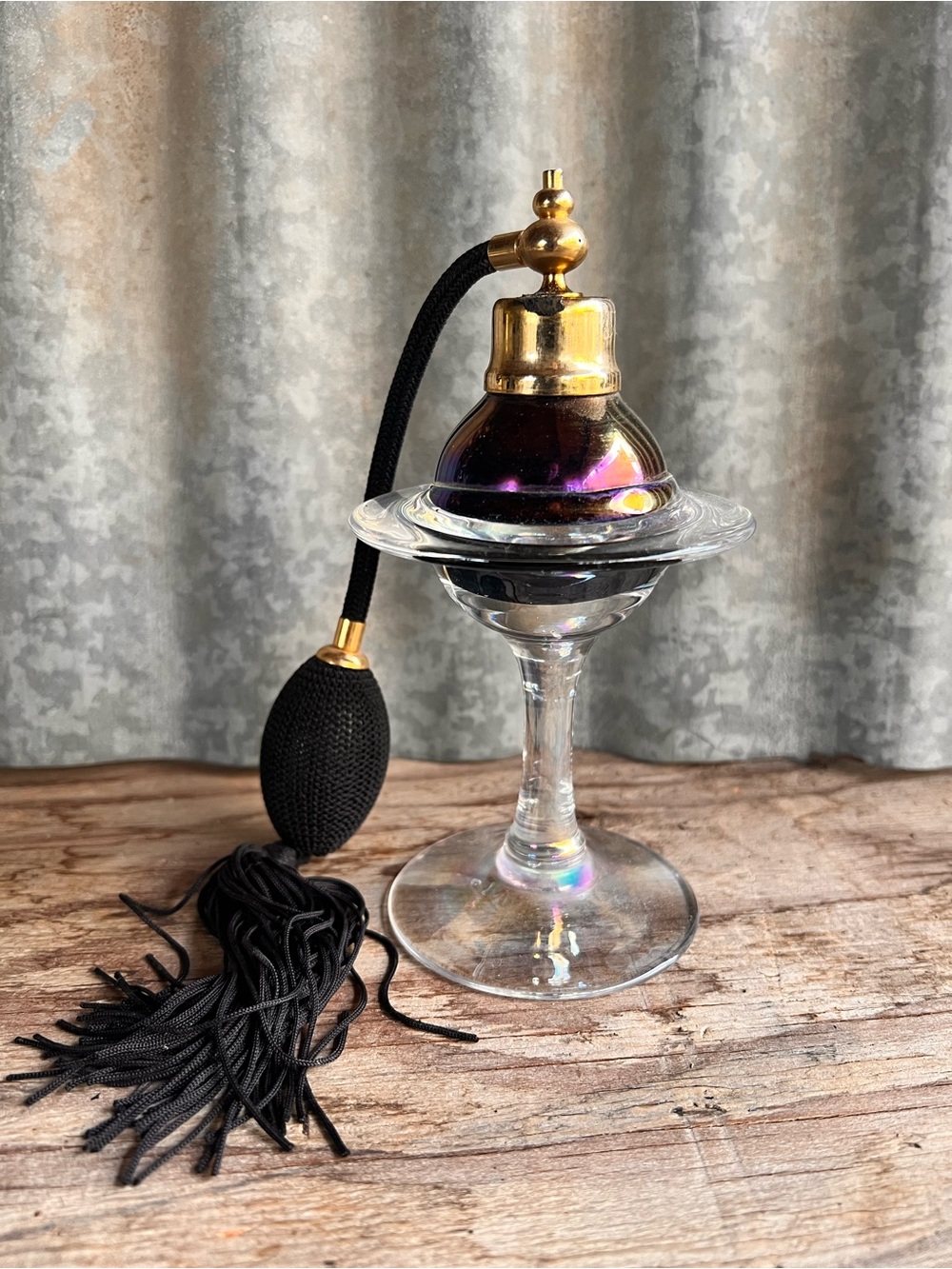 Vintage Iridescent Art Glass Pedestal Perfume Atomizer Bottle